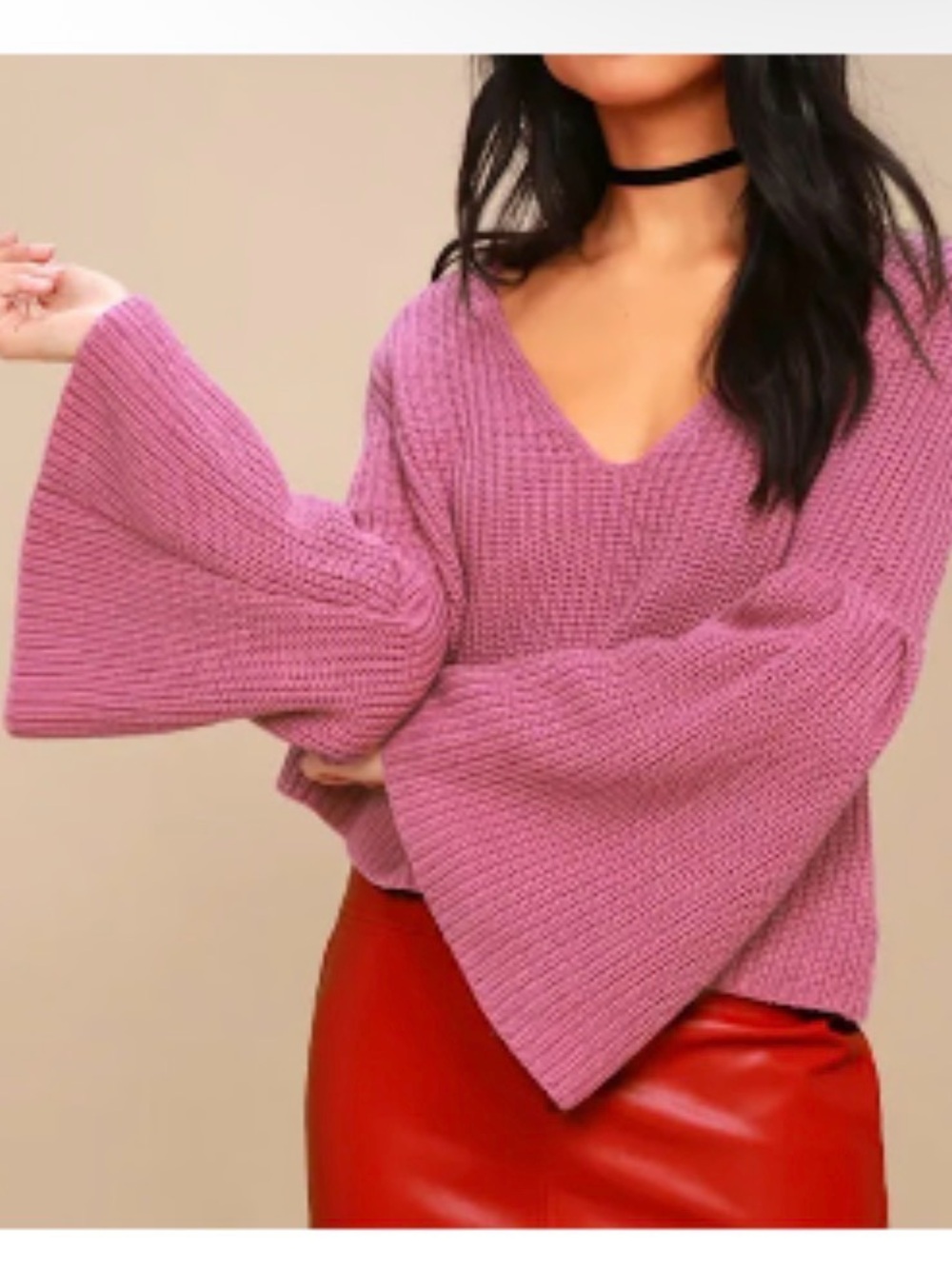 Free People Rose Pink Knit V-Neck Sweater with Flared Sleeves